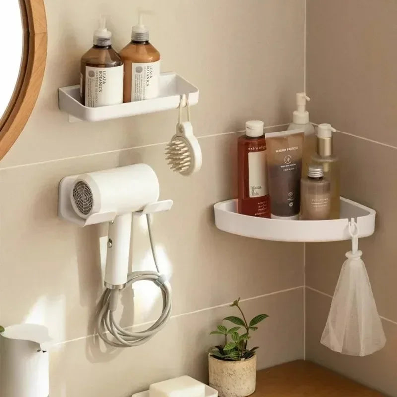 Wall-mounted hair dryer holder with punch-free design, ABS plastic construction, and sleek white/black finish for bathroom storage.  
