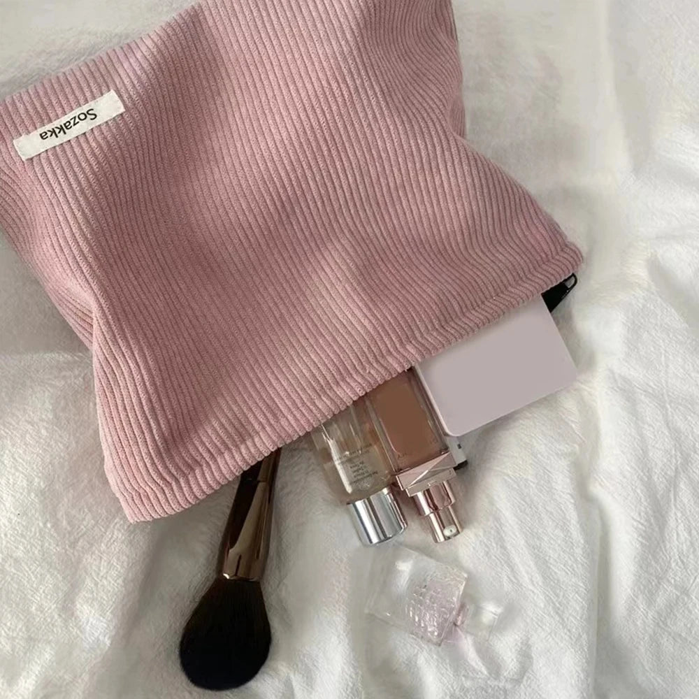 💼 Corduroy Cosmetic Travel Bag – Soft Zipper Makeup Pouch for Women (Large Capacity)