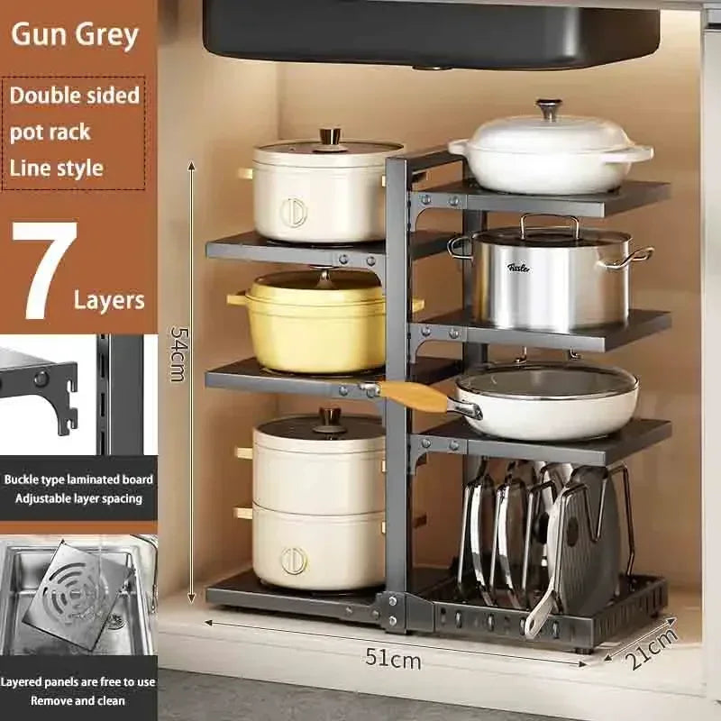 Adjustable Under Sink Pot Rack  Multi-Layer Storage Shelf  Rustproof Kitchen Organizer