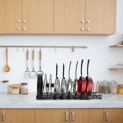 Adjustable pot and pan organizer with expandable rack and 10 movable dividers
