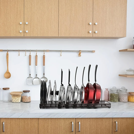 Adjustable pot and pan organizer with expandable rack and 10 movable dividers
