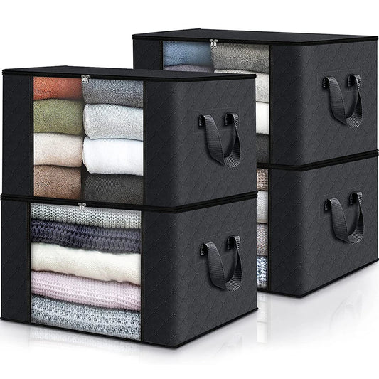 Large capacity foldable clothes storage bag for blankets, bedding, and seasonal clothing, made from durable non-woven fabric.
