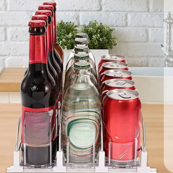 Self-sliding can dispenser for fridge storage, adjustable organizer for soda, beer, and juice
