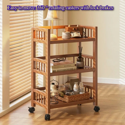 🪵 Wooden 3-Tier Storage Rack – Rolling Organizer for Kitchen & Living Room 🛋️🚚