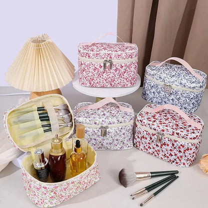 🌺 Floral Cotton Cosmetic Bag – Dual Zipper Travel Makeup Organizer Pouch