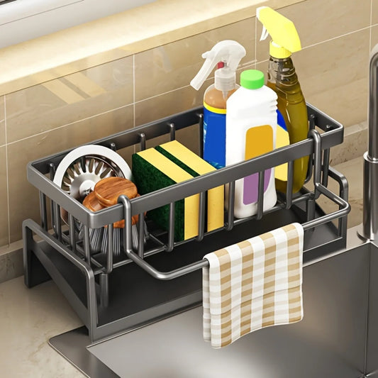 Sink caddy organizer with self-draining design for sponges, brushes, and kitchen tools
