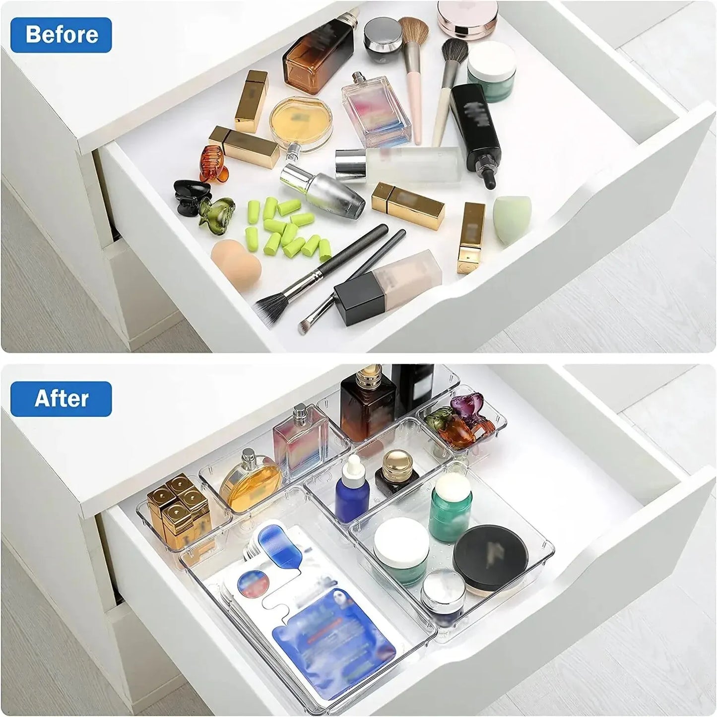 🗃️ Crystal-Clear Drawer Organizers – Tidy Up in Style, One Bin at a Time! ✨
