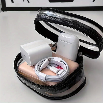 Mini clear zipper storage bag for earphones, chargers, and cables with keychain loop
