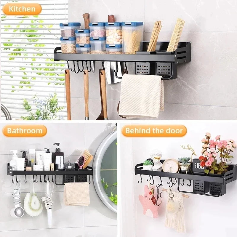 Kitchen wall-mounted knife and spice rack organizer with utensil and chopstick holders
