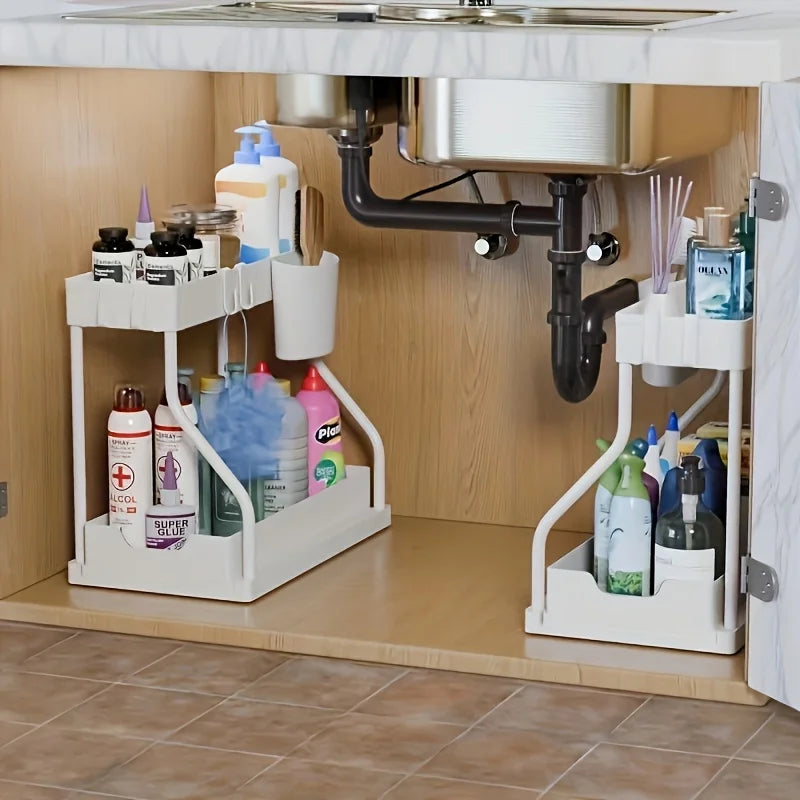 2-tier pull out storage box large capacity organizer for kitchen, bathroom, and home essentials
