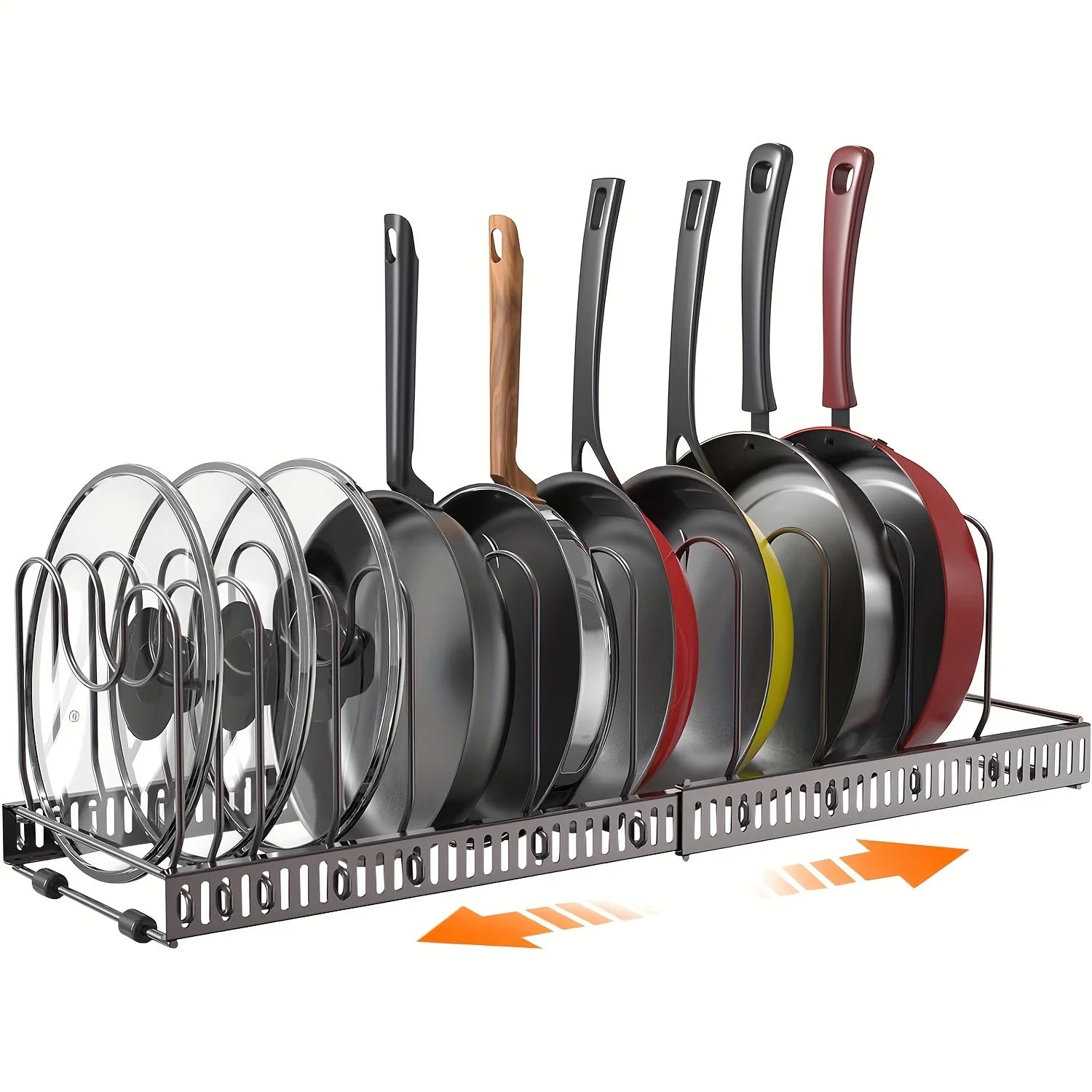 Adjustable pot and pan organizer with expandable rack and 10 movable dividers
