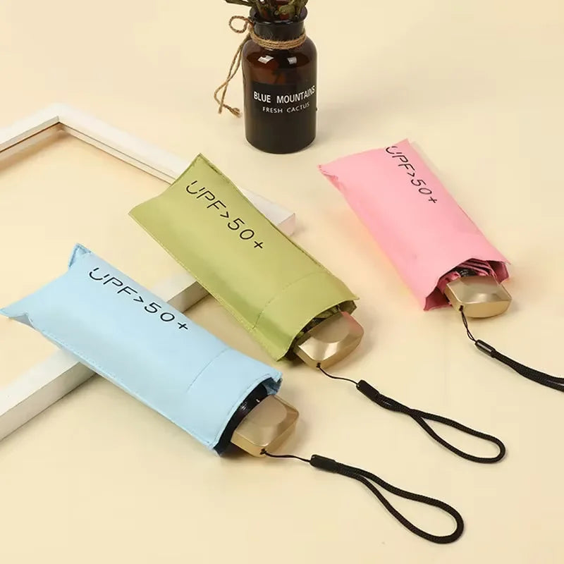Compact foldable umbrella for sun and rain with UV protection, portable and stylish design