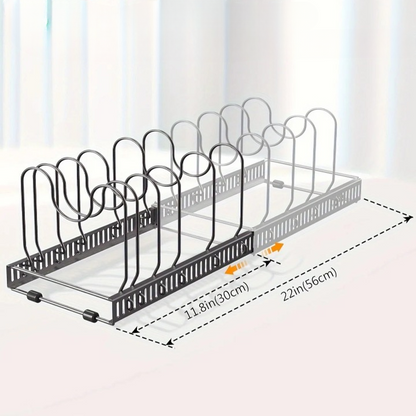 Adjustable pot and pan organizer with expandable rack and 10 movable dividers
