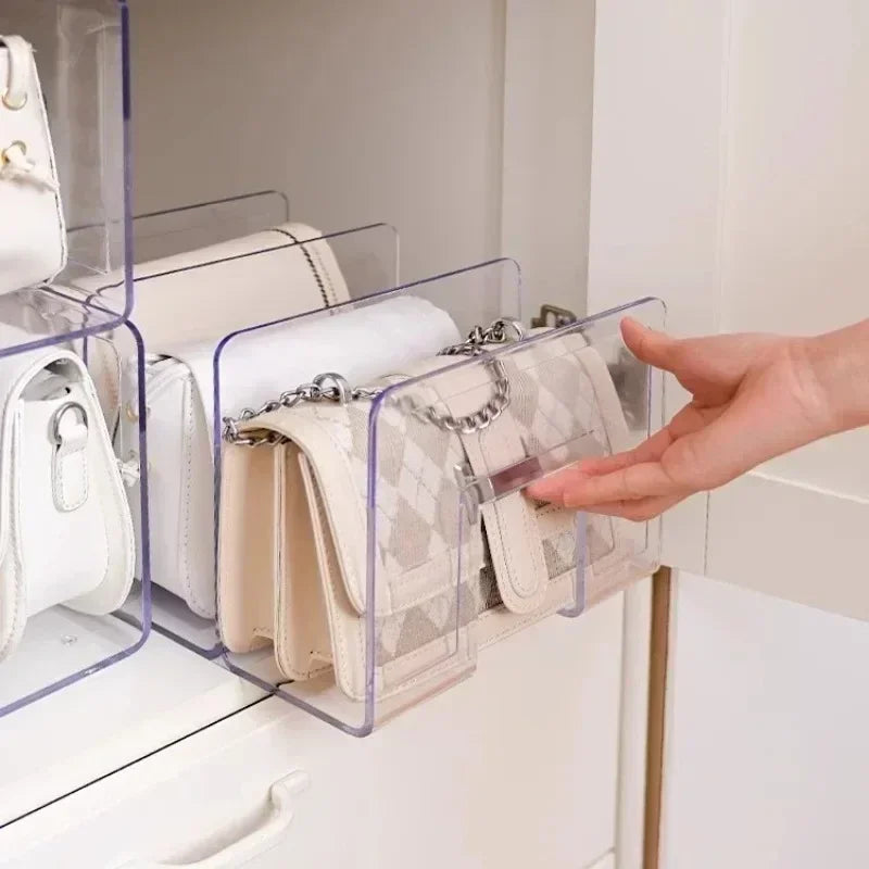 Transparent acrylic handbag organizer rack with dividers for women’s closet