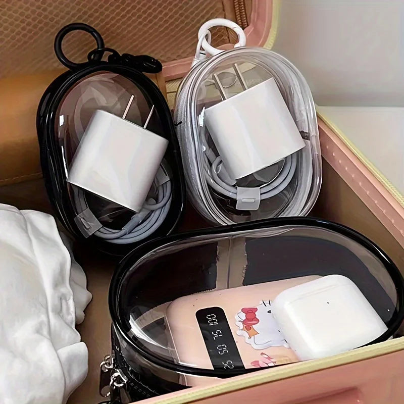 Mini clear zipper storage bag for earphones, chargers, and cables with keychain loop
