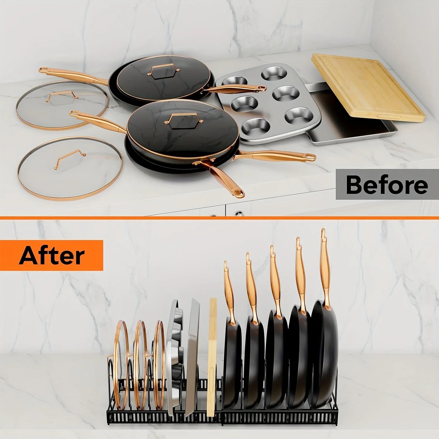 Adjustable pot and pan organizer with expandable rack and 10 movable dividers
