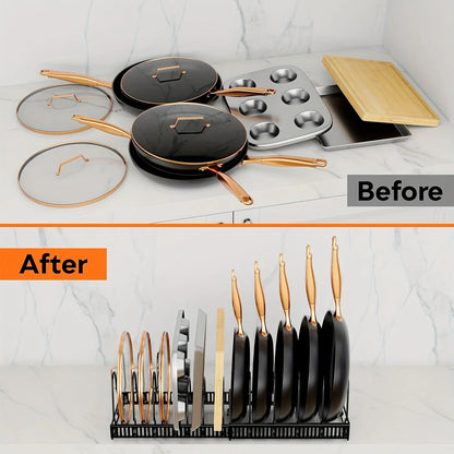 Adjustable pot and pan organizer with expandable rack and 10 movable dividers

