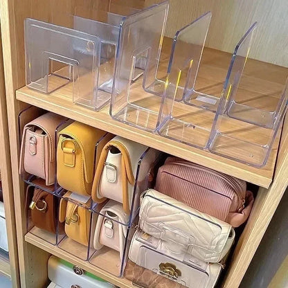 Transparent acrylic handbag organizer rack with dividers for women’s closet