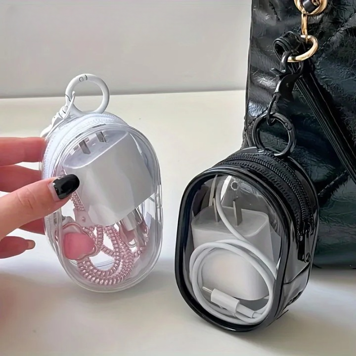 Mini clear zipper storage bag for earphones, chargers, and cables with keychain loop

