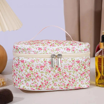 🌺 Floral Cotton Cosmetic Bag – Dual Zipper Travel Makeup Organizer Pouch