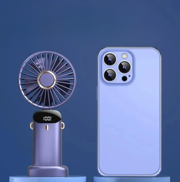 Foldable portable mini fan with neck hanging design, 5-speed USB rechargeable, phone stand and digital display.  
