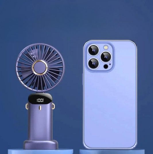 Foldable portable mini fan with neck hanging design, 5-speed USB rechargeable, phone stand and digital display.  
