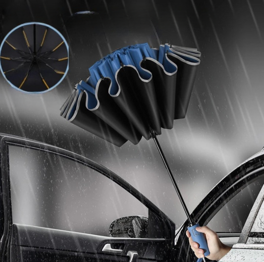 Fully automatic reverse folding umbrella with windproof frame, UV protection, and reflective stripe for all-weather use.  
